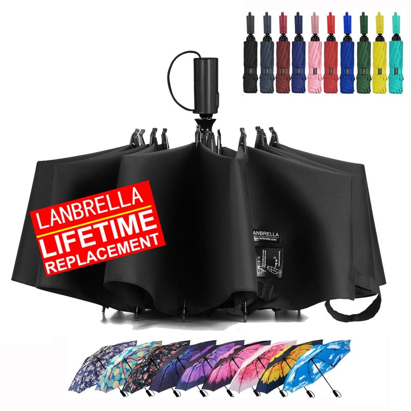 LANBRELLA Compact Reverse Folding Umbrella Auto Windproof Travel Umbrella-Black - Image 1